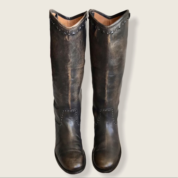 $398 RARE Frye Melissa Rhinestone Button Distressed Vintage Pull On Tall Boots - Picture 5 of 16